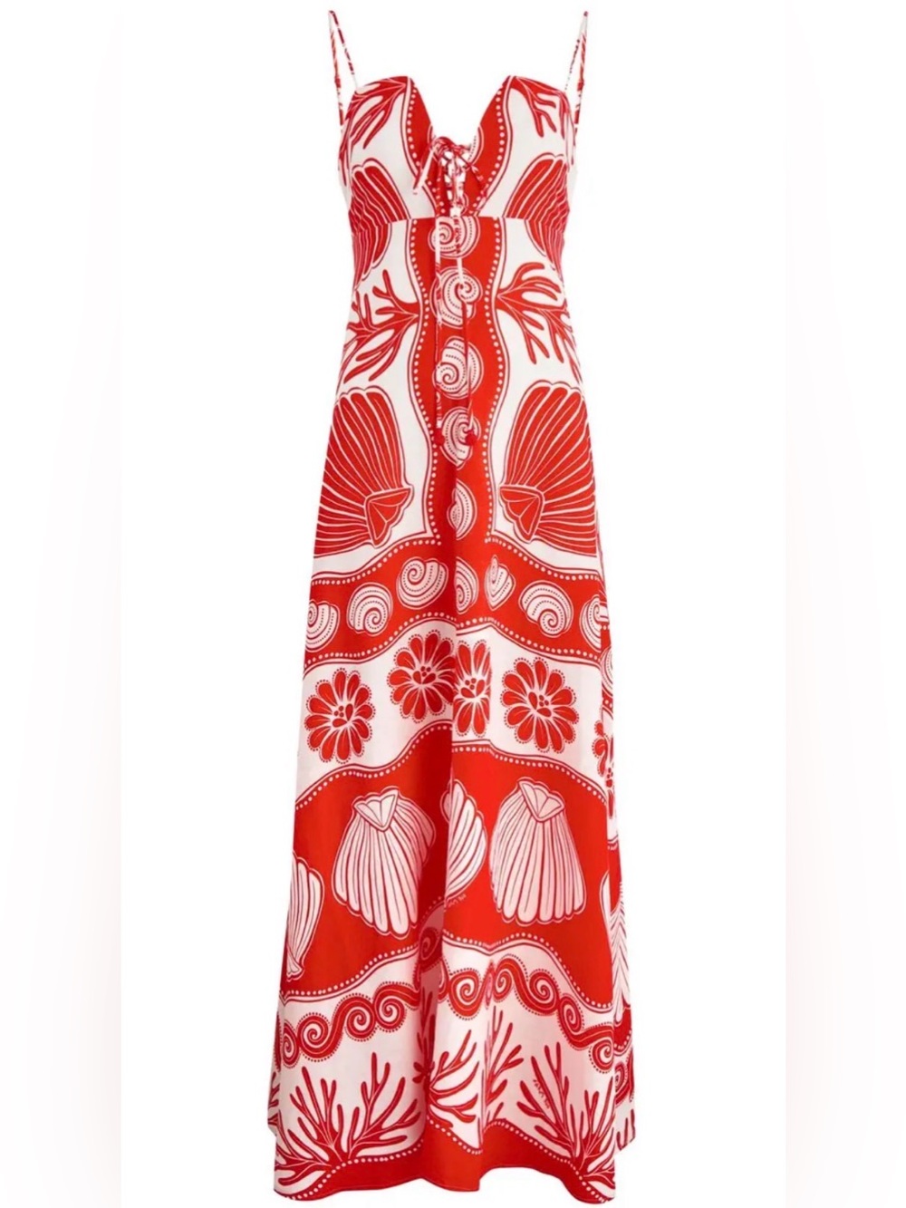 FARM Rio Ainika Printed Linen-Blend Red and White Shell-Print Maxi Dress
